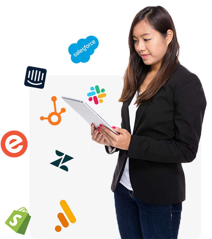 Logos and a woman holding a tablet
