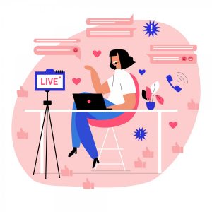 Engaging live content - illustration of a young woman broadcasting with her laptop and phone, receiving several comments and likes from her followers.